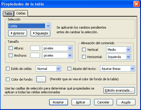 Propiedades de celda